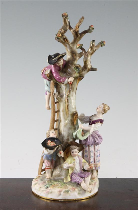 A Meissen group of apple pickers, late 19th century, 27cm, losses and restorations